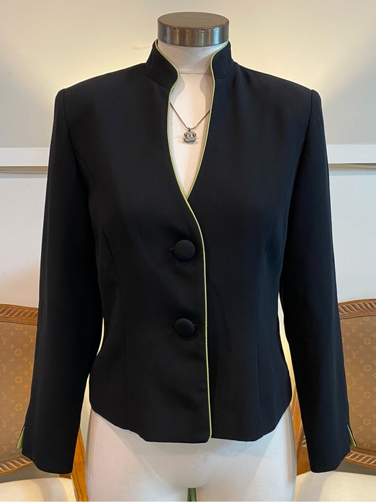 Danny & Nicole Jackets & Blazers - Vintage 90s Black Women's Tailored Jacket Blazer with Lime Green Trim Piping, SM